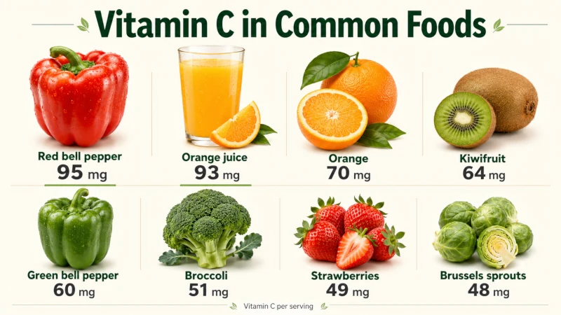 Comparison of vitamin C-rich foods including red bell pepper, orange juice, orange, kiwi, green bell pepper, broccoli, strawberries, and Brussels sprouts.