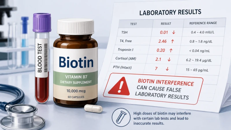 Illustration of a blood test vial beside a biotin supplement bottle, indicating risk of false laboratory results.