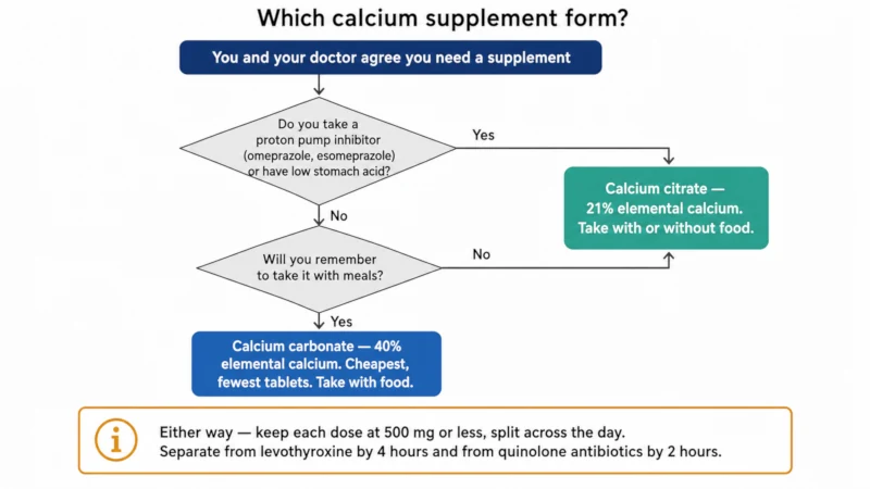 Decision tree showing when to choose calcium carbonate versus calcium citrate based on stomach acid, medication use and dosing.