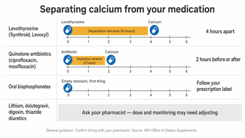 Timing chart showing how many hours to separate calcium supplements from levothyroxine, quinolone antibiotics and oral bisphosphonates.