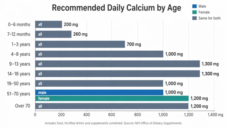 Bar chart of recommended daily calcium benefits intake by age group and sex, from 200 mg in infancy to 1,200 mg after age 70.