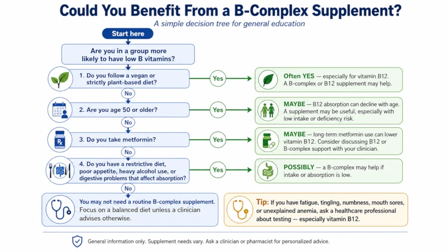 Decision tree showing which groups benefit from a B complex supplement, including vegans, over-50s and people on metformin.