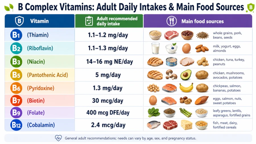 Chart of the eight B complex vitamins with adult recommended daily intakes and main food sources