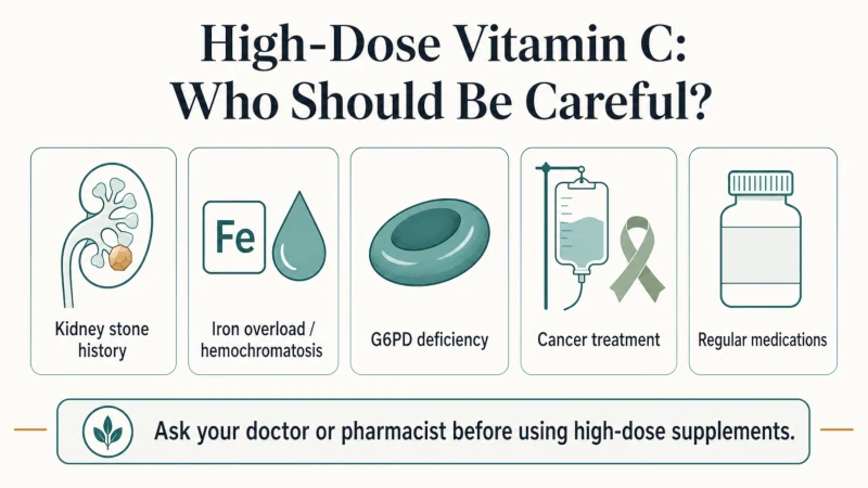 Infographic showing groups who should use caution with high-dose vitamin C, including people with kidney stones, hemochromatosis, G6PD deficiency, cancer treatment, or medication concerns.