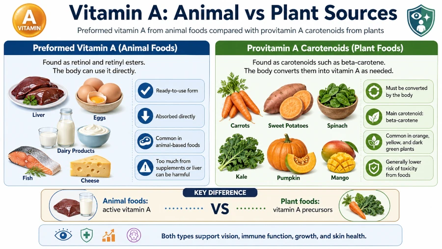 Comparison of preformed vitamin A from animal foods and provitamin A carotenoids from plants.