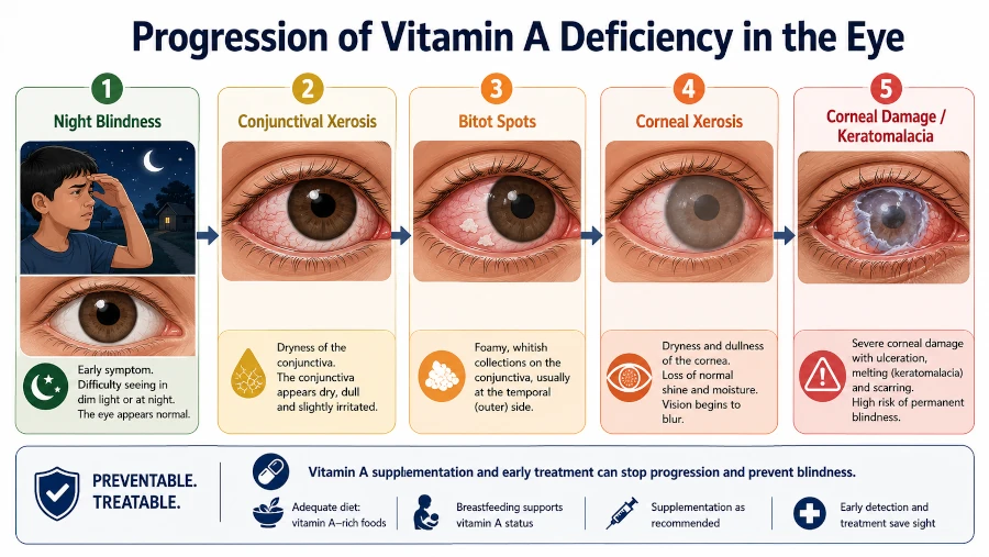 Progression of vitamin A deficiency in the eye, from night blindness to corneal damage.