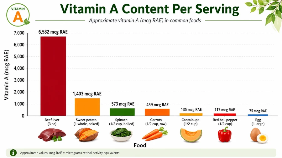 Bar chart of vitamin A content per serving in liver, sweet potato, spinach, carrots, and other foods.