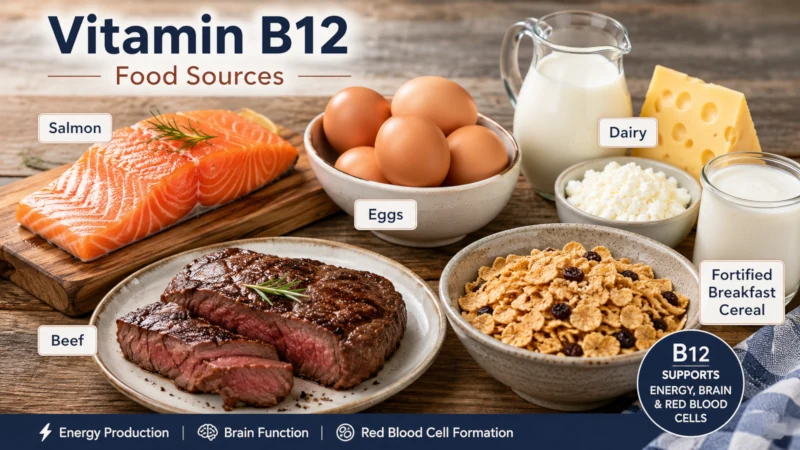 Salmon, eggs, dairy, beef and fortified breakfast cereal arranged as vitamin B12 food sources.