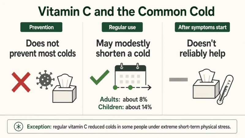Infographic showing that vitamin C does not prevent most colds, may modestly shorten them with regular use, and does not reliably help when started after symptoms begin.