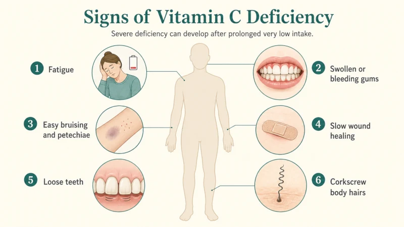 Medical infographic showing fatigue, bleeding gums, easy bruising, petechiae, slow wound healing, loose teeth, and corkscrew hairs as signs of vitamin C deficiency.