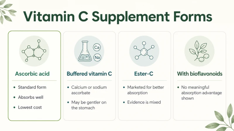 Infographic comparing ascorbic acid, buffered vitamin C, Ester-C, and vitamin C with bioflavonoids.