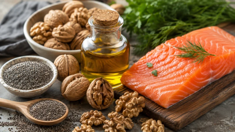 Flaxseed oil, walnuts, chia seeds, and salmon arranged as food sources of essential fatty acids
