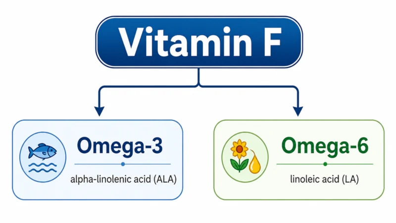 Diagram showing vitamin F splitting into omega-3 alpha-linolenic acid and omega-6 linoleic acid