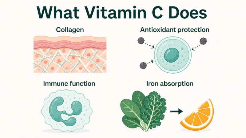 Infographic illustrating vitamin C roles in collagen production, antioxidant protection, immune function, and plant-based iron absorption.