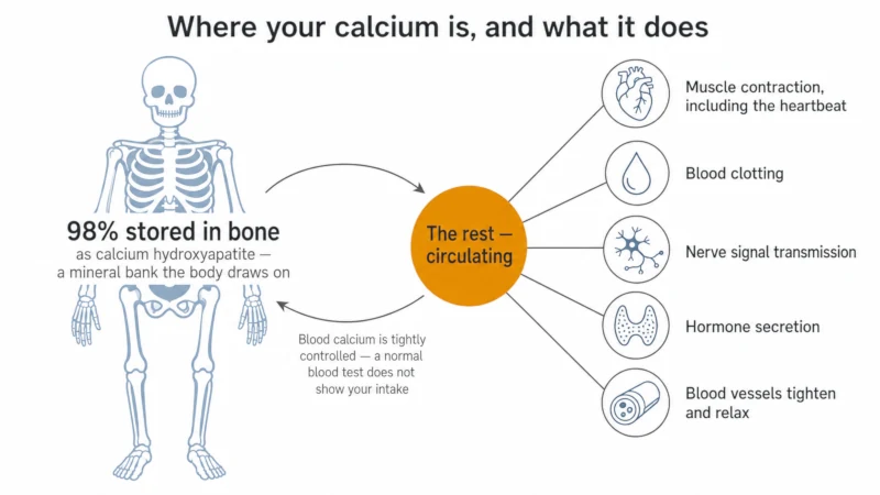 Diagram showing 98 percent of body calcium stored in bone and the small circulating fraction supporting muscle, nerve, clotting, hormone and blood vessel function.