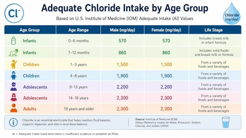 Chart of adequate chloride intake by age group based on U.S. Institute of Medicine values."