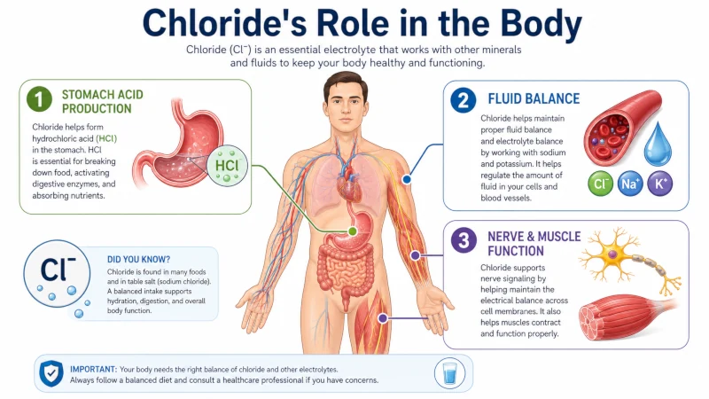 Body diagram showing chloride's role in stomach acid, fluid balance, and nerve and muscle function.