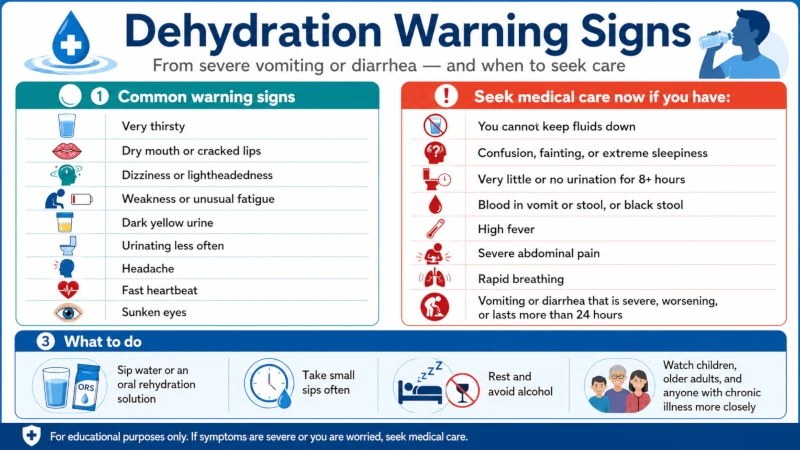 Infographic of dehydration warning signs from severe vomiting or diarrhea and when to seek care.