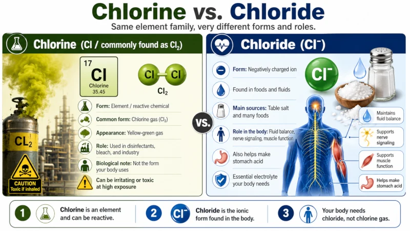 Comparison of chlorine the element and chloride the dietary electrolyte the body uses.