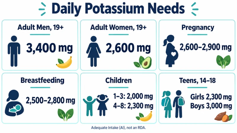 Infographic showing adequate daily potassium intake for adult men, women, pregnancy, breastfeeding, children, and teenagers.
