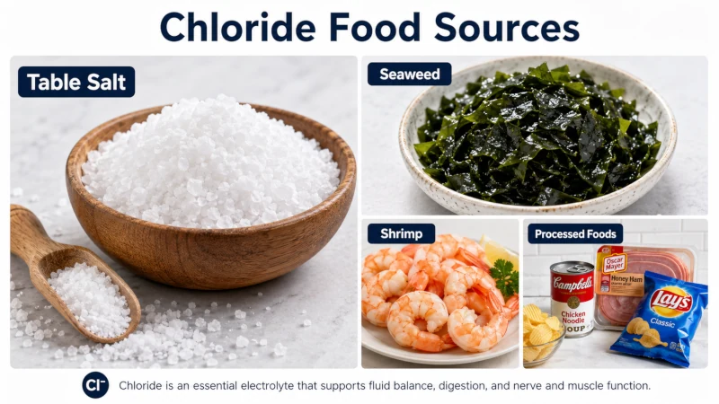 Photographic chart of chloride food sources led by table salt, plus seaweed, shrimp, and processed foods.