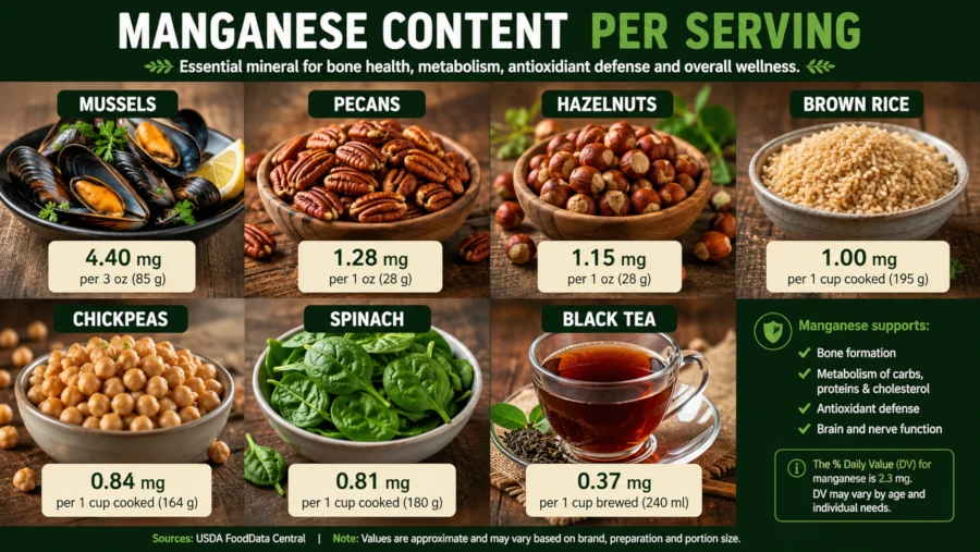 Mussels, pecans, hazelnuts, brown rice, chickpeas, spinach and black tea labeled with manganese content per serving