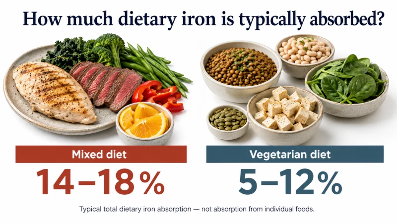 Comparison showing typical iron absorption of 14 to 18 percent from mixed diets and 5 to 12 percent from vegetarian diets