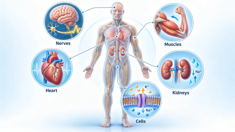 Medical illustration showing potassium benefits supporting nerve signals, muscle contraction, heart rhythm, fluid balance, and sodium balance.