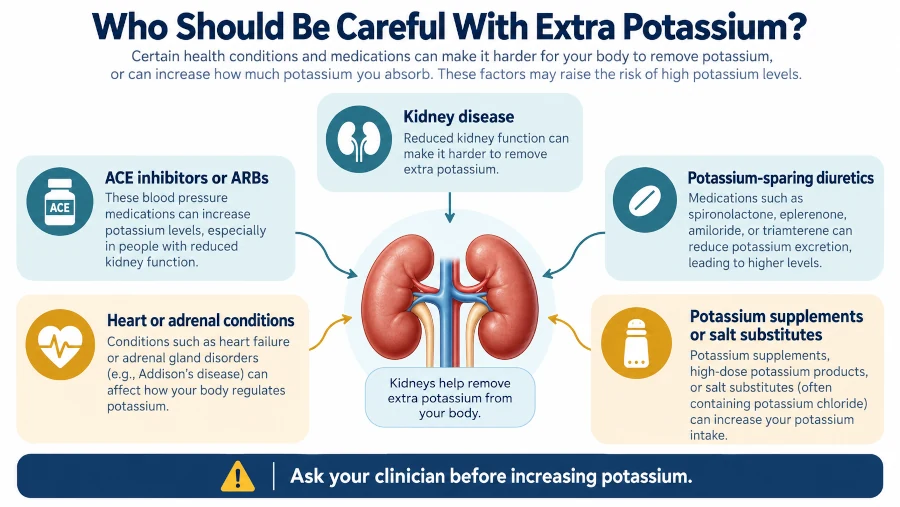 Infographic showing people at higher risk of hyperkalemia, including those with kidney disease and people taking potassium-raising medications.