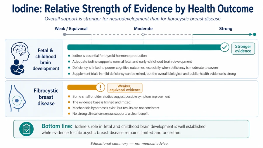 Chart showing stronger evidence for iodine benefits and the role in fetal and childhood brain development, and weaker, equivocal evidence for fibrocystic breast disease.