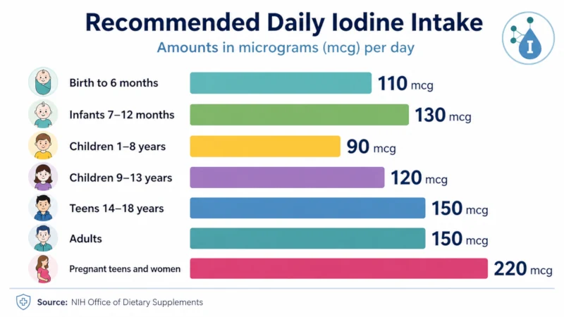 Chart showing recommended daily iodine intake in micrograms by age group, from infancy through pregnancy.