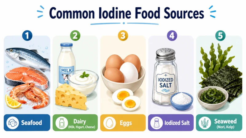Illustration comparing common iodine food sources: seafood, dairy, eggs, iodized salt, and seaweed.