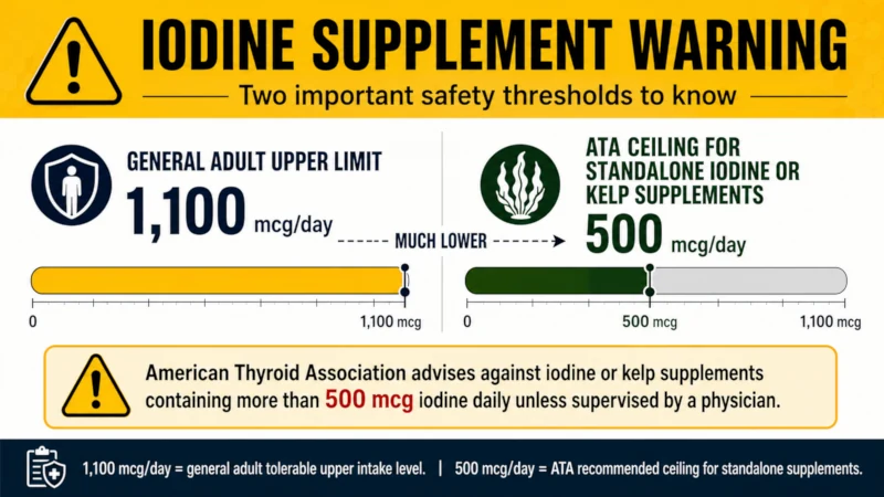 Warning graphic comparing the general adult iodine upper limit of 1,100 micrograms to the American Thyroid Association's recommended 500-microgram ceiling for standalone supplements.