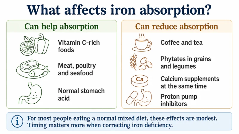 Reference graphic showing factors that can increase or reduce iron absorption, including vitamin C, calcium, coffee, tea and proton pump inhibitors