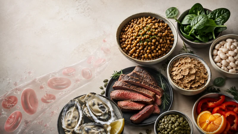 Iron-rich foods including lentils, spinach, beans, oysters and beef with a subtle red blood cell oxygen motif