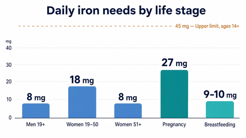 Chart showing daily iron benefits of 8 mg for adult men, 18 mg for women 19 to 50, 8 mg for women 51 and older, 27 mg during pregnancy, and 9 to 10 mg while breastfeeding