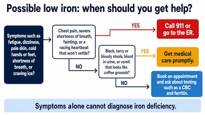 Flowchart showing when possible iron deficiency symptoms require emergency care, prompt medical evaluation, or routine blood testing