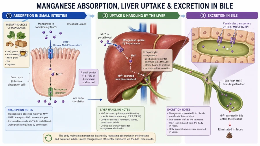 Diagram of manganese absorption in the small intestine, uptake by the liver, and excretion in bile