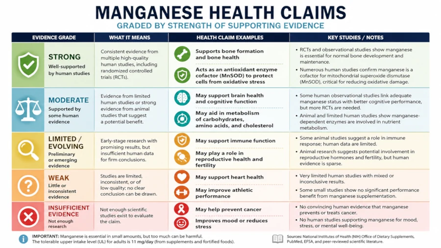 Chart grading manganese benefits health claims by strength of supporting evidence