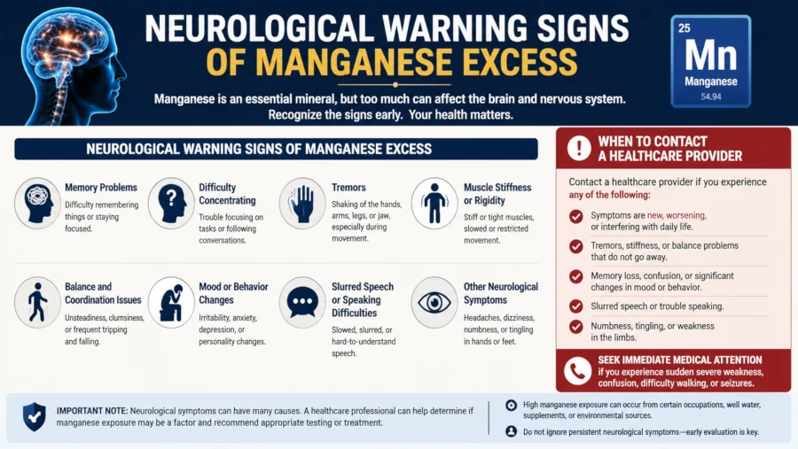 List of neurological warning signs of manganese excess and when to contact a healthcare provider