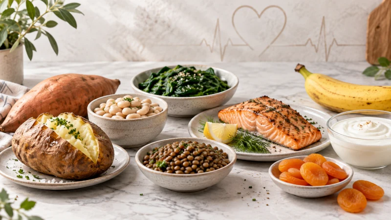Potassium-rich foods including potatoes, beans, salmon, yogurt, leafy greens, bananas, and dried apricots arranged around a subtle heart health concept.