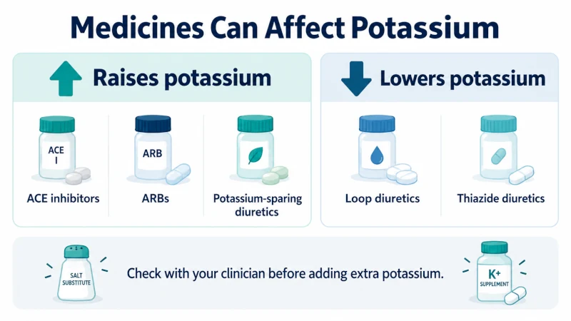 Infographic showing that some medicines can raise potassium while some diuretics can lower it.