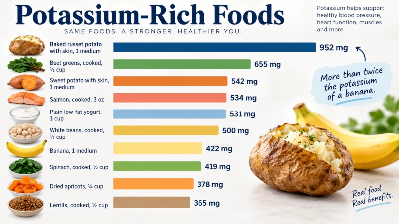 Bar chart comparing potassium per serving in baked potato, beet greens, sweet potato, salmon, yogurt, white beans, banana, spinach, dried apricots, and lentils.