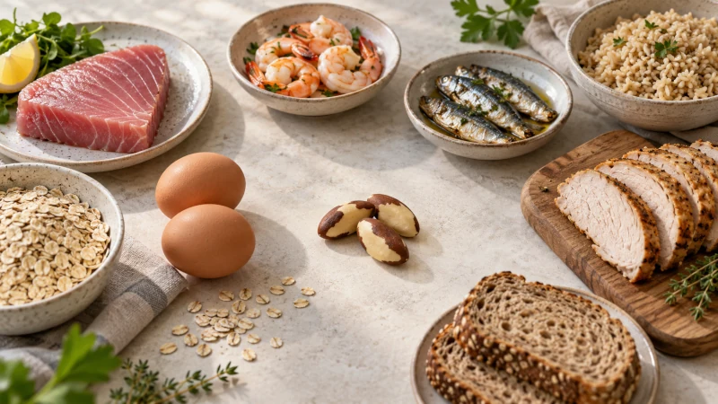 Selenium-rich foods including Brazil nuts, fish, eggs, meat, and whole grains