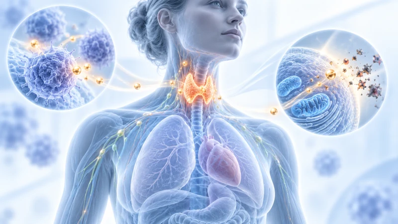 Illustration showing selenium supporting antioxidant protection, thyroid function, and immune health