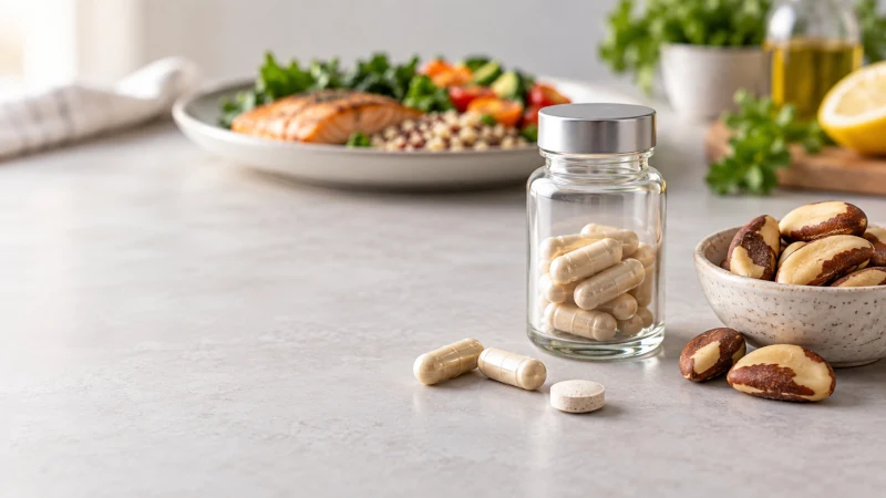 Selenium supplement capsules and tablets representing common supplement forms