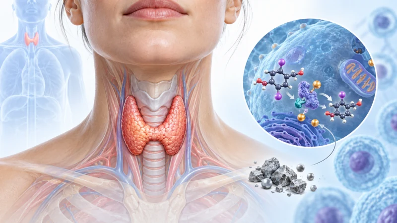 Medical illustration of the thyroid gland and selenium’s role in thyroid hormone metabolism
