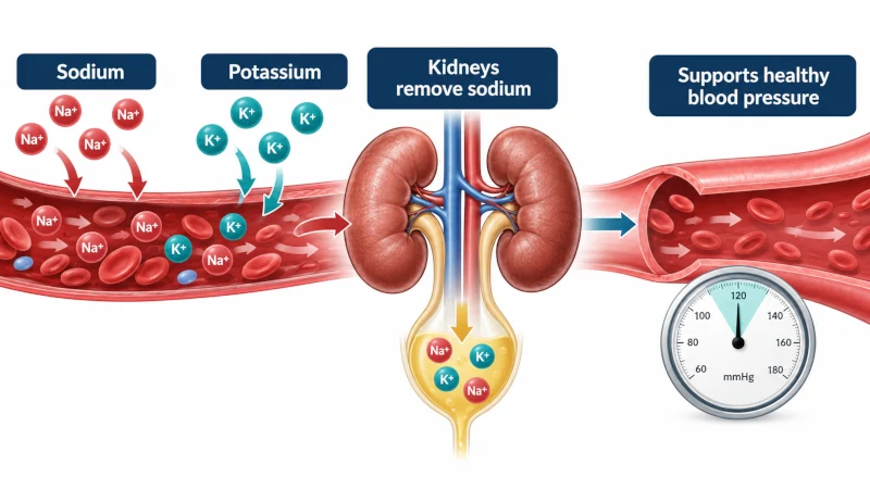 Diagram showing potassium supporting sodium excretion by the kidneys and helping maintain healthy blood pressure.