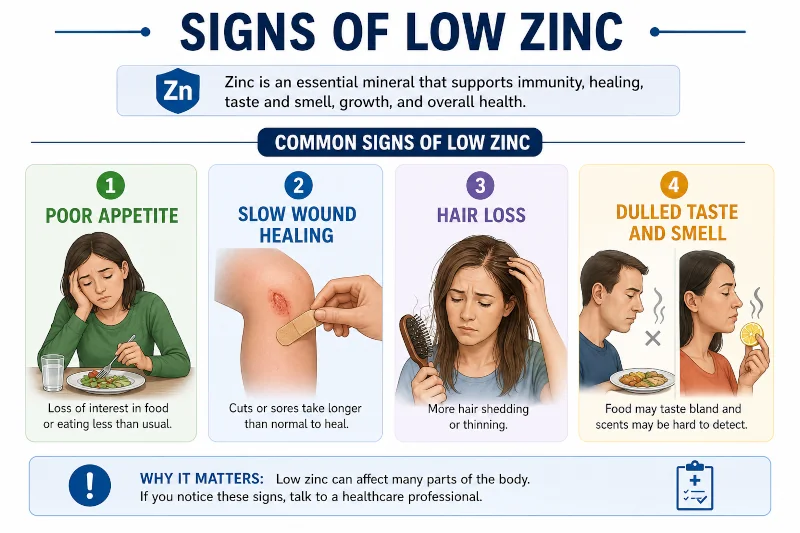 Signs of low zinc: poor appetite, slow wound healing, hair loss, dulled taste and smell.