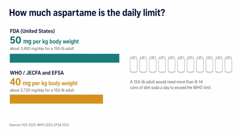 Chart comparing the FDA and WHO acceptable daily intake for aspartame and the number of diet sodas a 150-pound adult would need to reach it